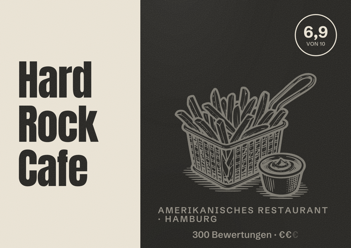 Illustriertes Poster von Hard Rock Cafe, Amerikanisches Restaurant in Hamburg: Bewertung 6,9 von 10 aus 300 Bewertungen, Preisniveau €€