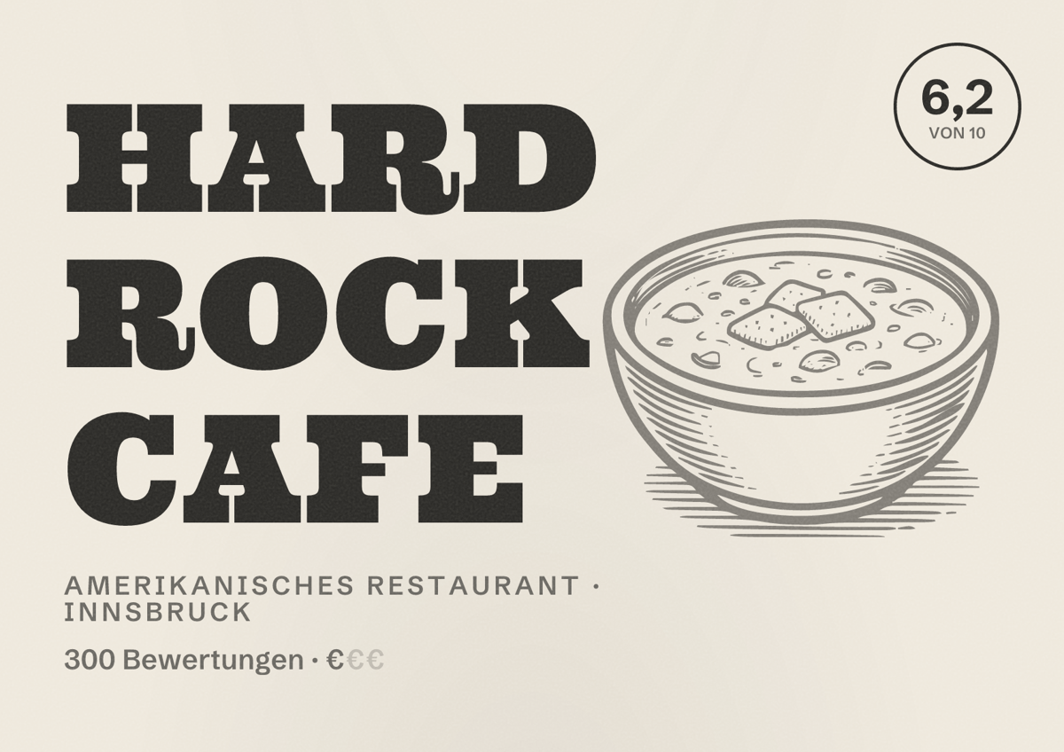 Illustriertes Poster von Hard Rock Cafe, Amerikanisches Restaurant in Innsbruck: Bewertung 6,2 von 10 aus 300 Bewertungen, Preisniveau €
