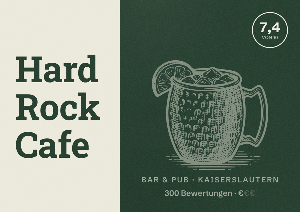 Illustriertes Poster von Hard Rock Cafe, Bar & Pub in Kaiserslautern: Bewertung 7,4 von 10 aus 300 Bewertungen, Preisniveau €
