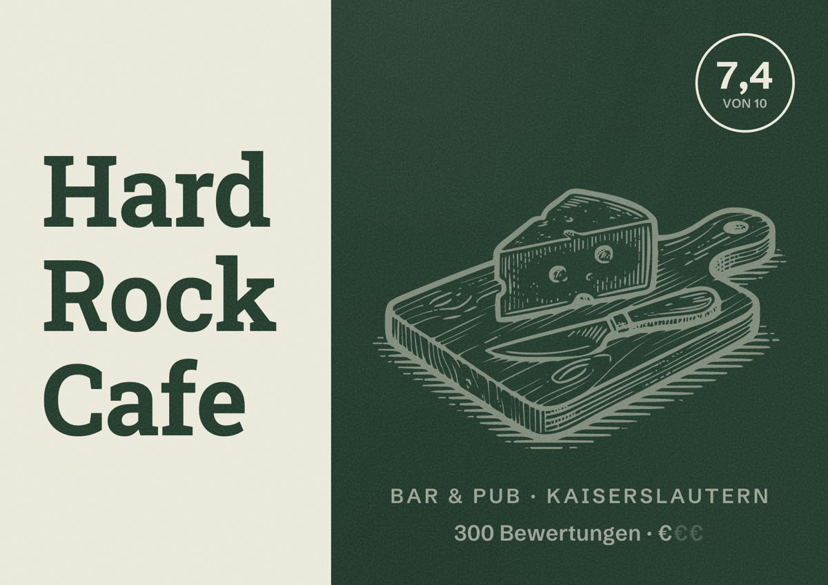 Illustriertes Poster von Hard Rock Cafe, Bar & Pub in Kaiserslautern: Bewertung 7,4 von 10 aus 300 Bewertungen, Preisniveau €