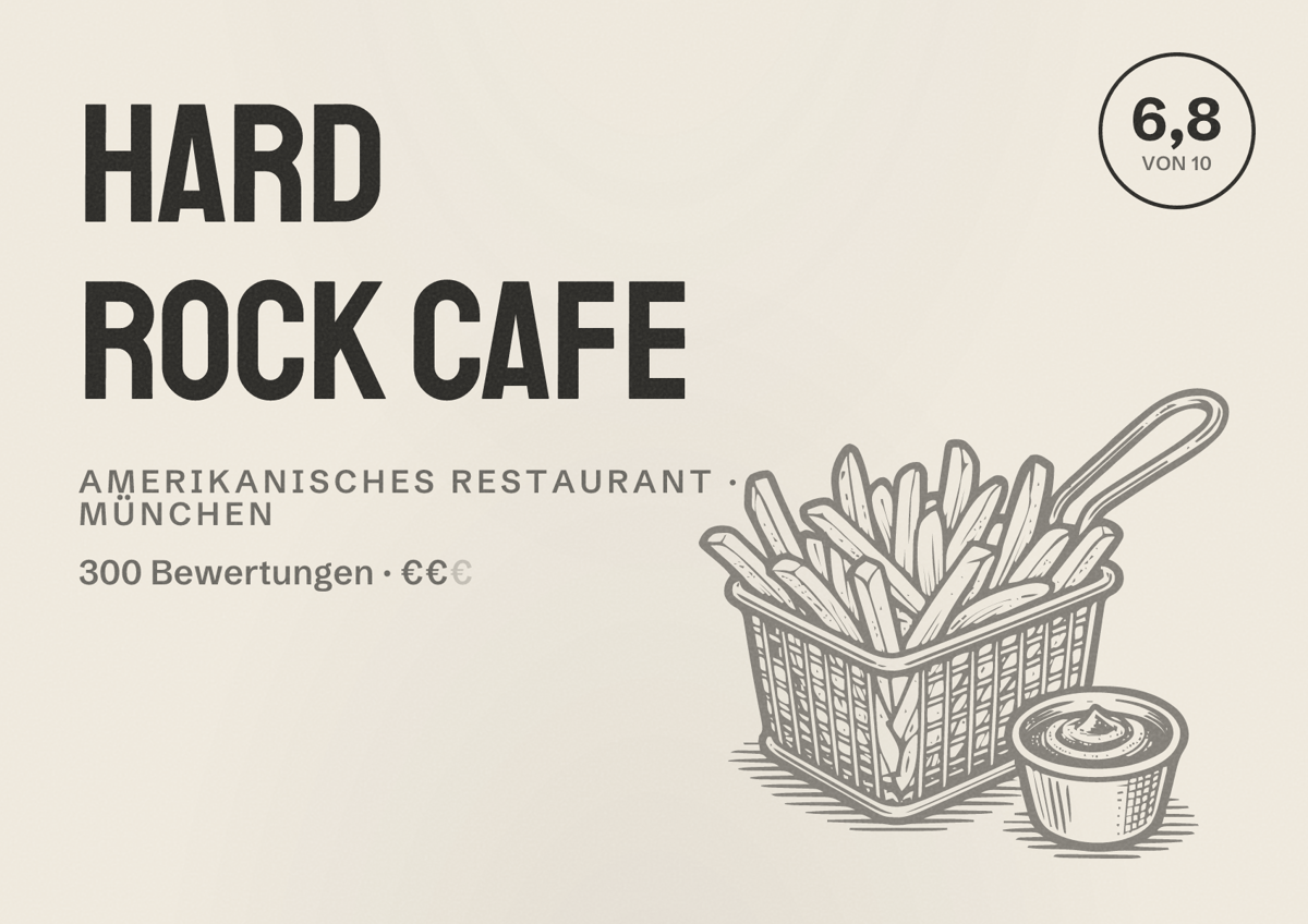 Illustriertes Poster von Hard Rock Cafe, Amerikanisches Restaurant in München: Bewertung 6,8 von 10 aus 300 Bewertungen, Preisniveau €€