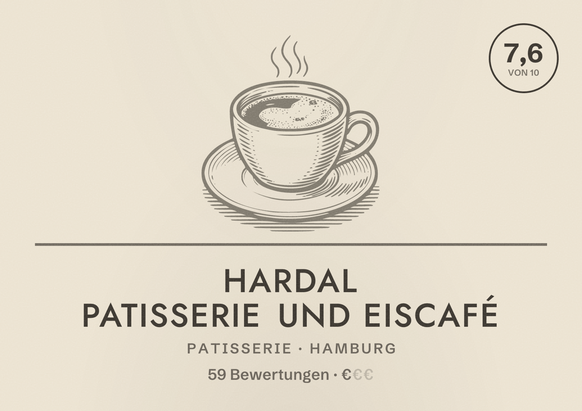 Illustriertes Poster von Hardal Patisserie und Eiscafé, Patisserie in Hamburg: Bewertung 7,6 von 10 aus 59 Bewertungen, Preisniveau €
