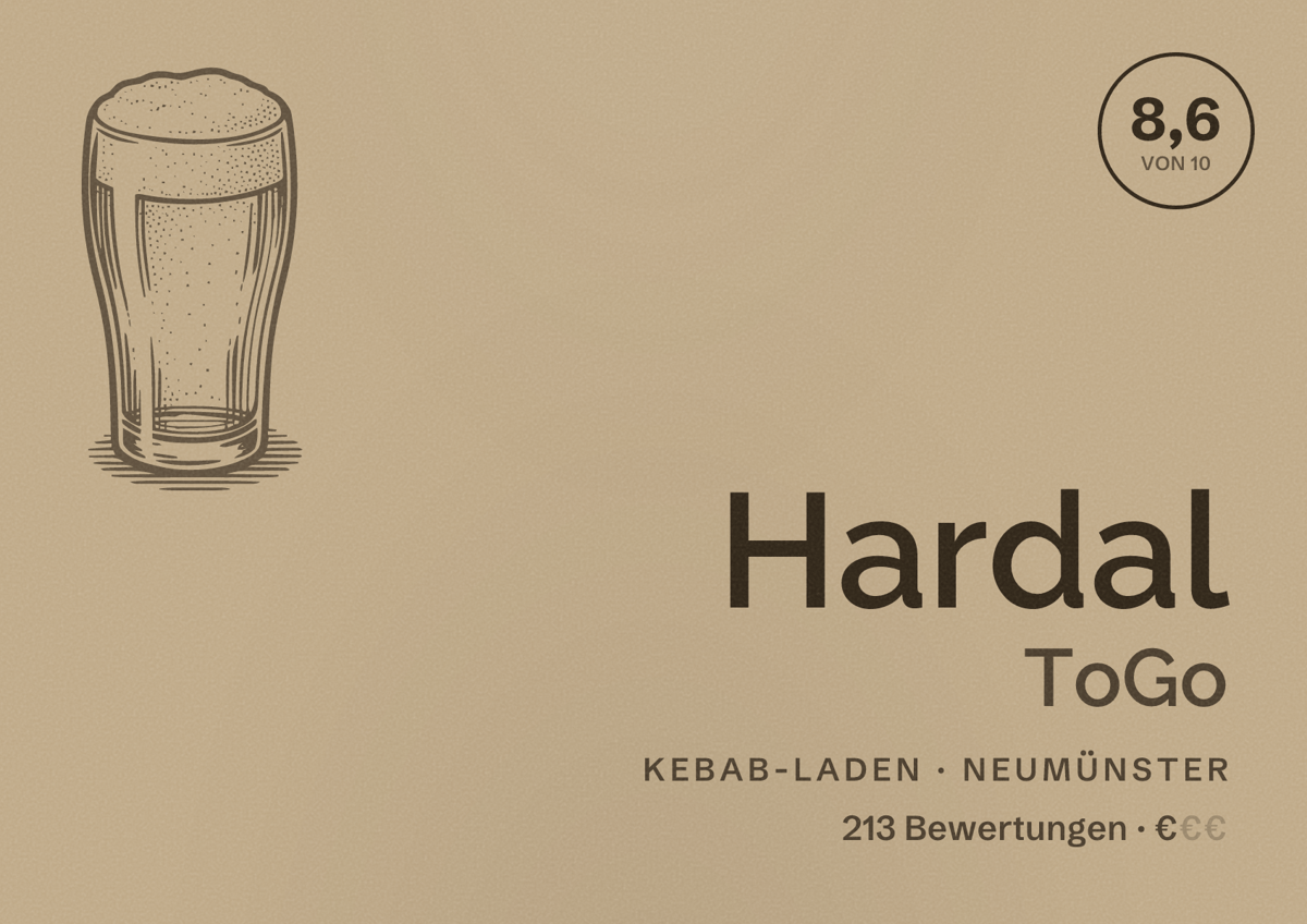 Illustriertes Poster von Hardal ToGo, Kebab-Laden in Neumünster: Bewertung 8,6 von 10 aus 213 Bewertungen, Preisniveau €
