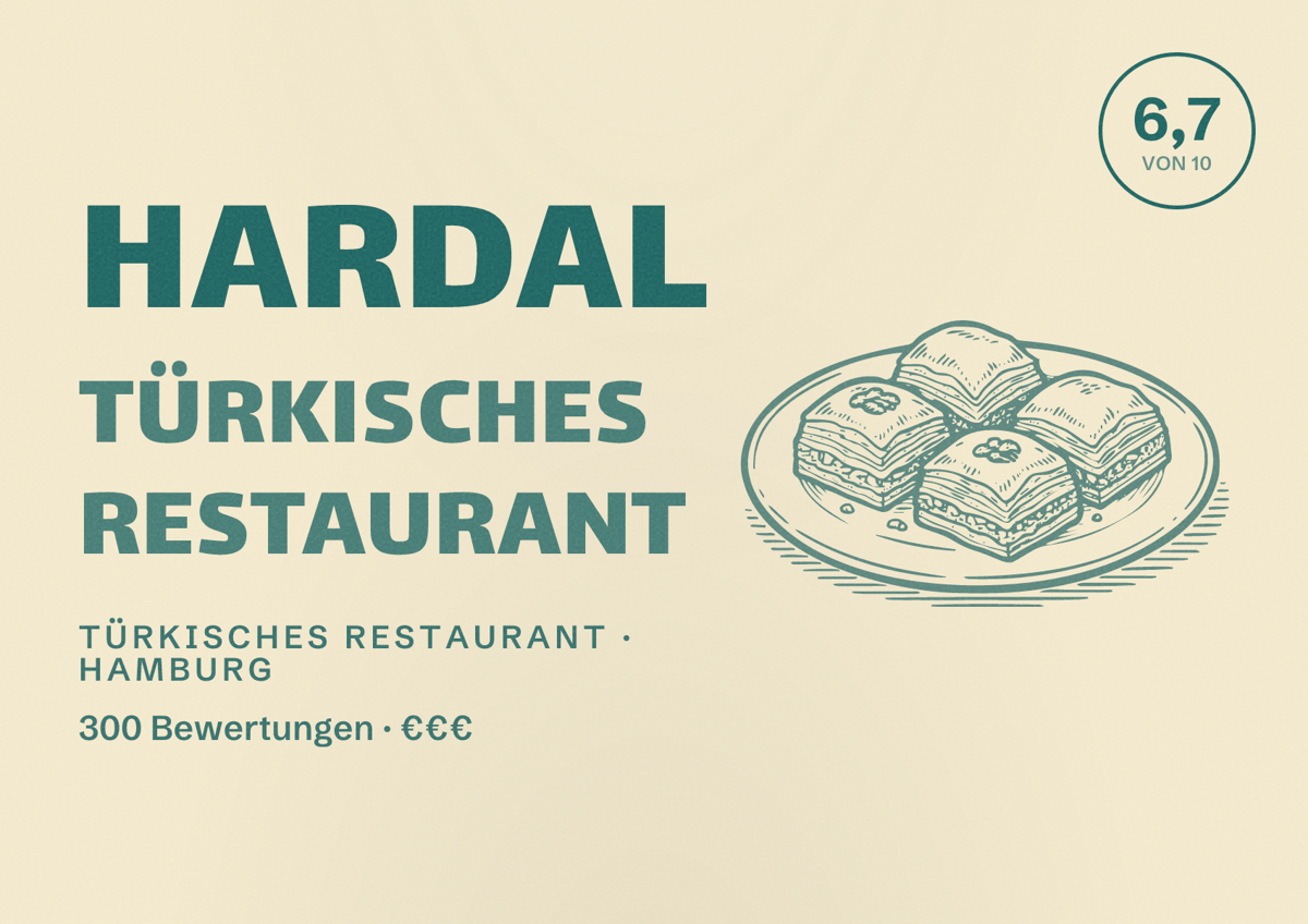 Illustriertes Poster von Hardal Türkisches Restaurant, Türkisches Restaurant in Hamburg: Bewertung 6,7 von 10 aus 300 Bewertungen, Preisniveau €€€