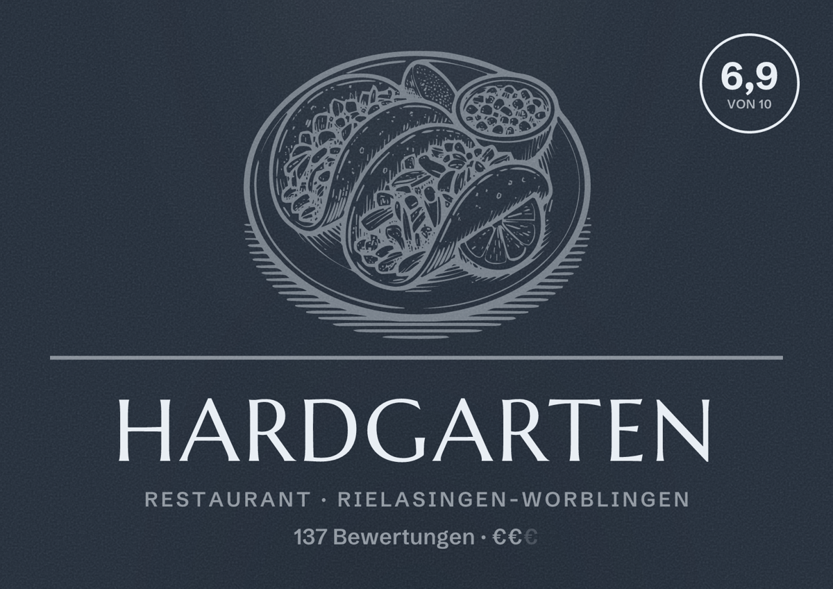 Illustriertes Poster von Hardgarten, Restaurant in Rielasingen-Worblingen: Bewertung 6,9 von 10 aus 137 Bewertungen, Preisniveau €€