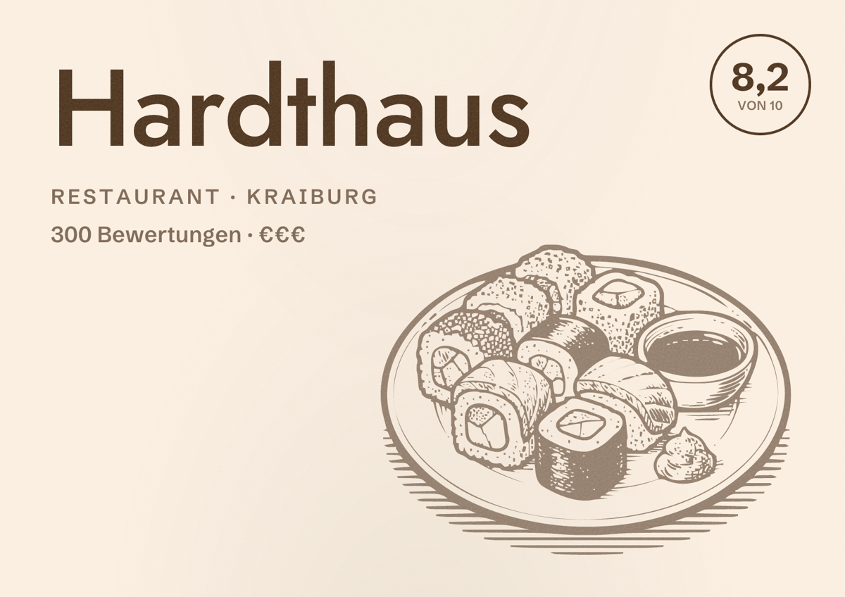 Illustriertes Poster von Hardthaus, Restaurant in Kraiburg: Bewertung 8,2 von 10 aus 300 Bewertungen, Preisniveau €€€