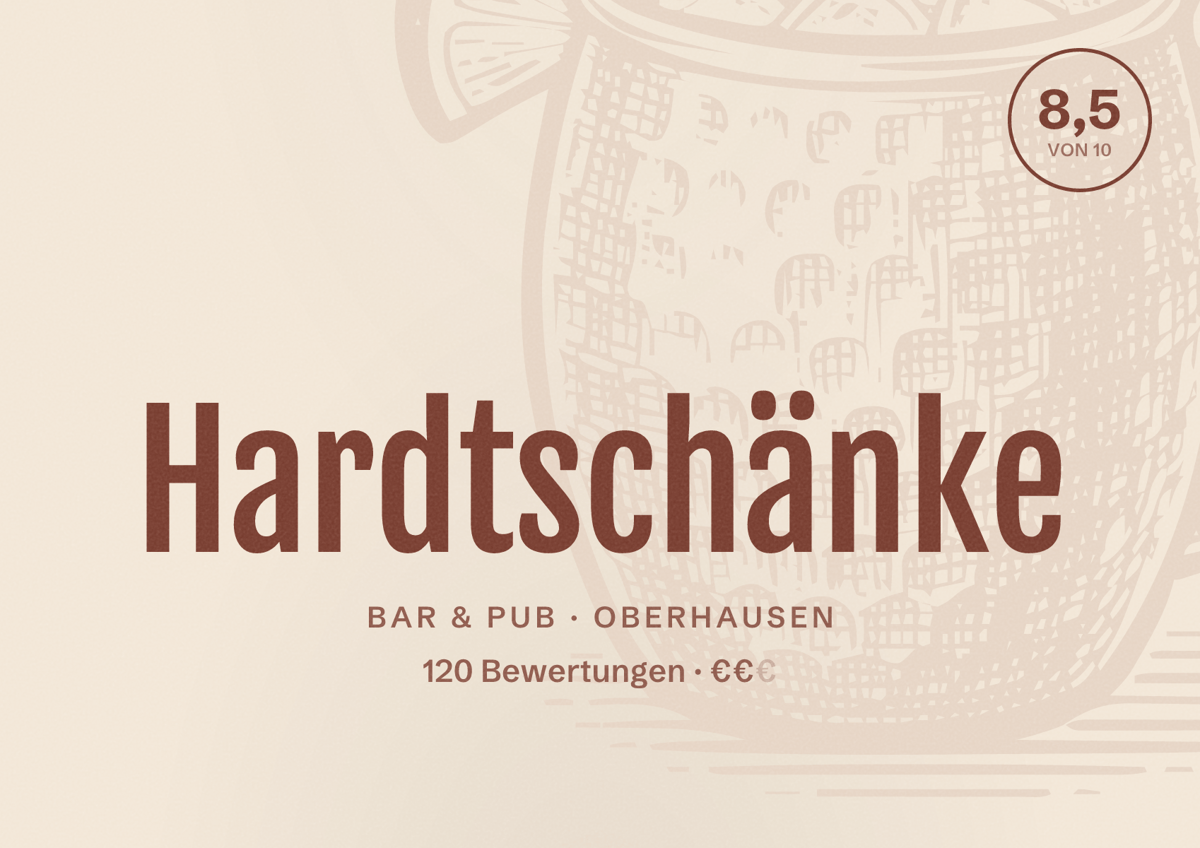 Illustriertes Poster von Hardtschänke, Bar & Pub in Oberhausen: Bewertung 8,5 von 10 aus 120 Bewertungen, Preisniveau €€