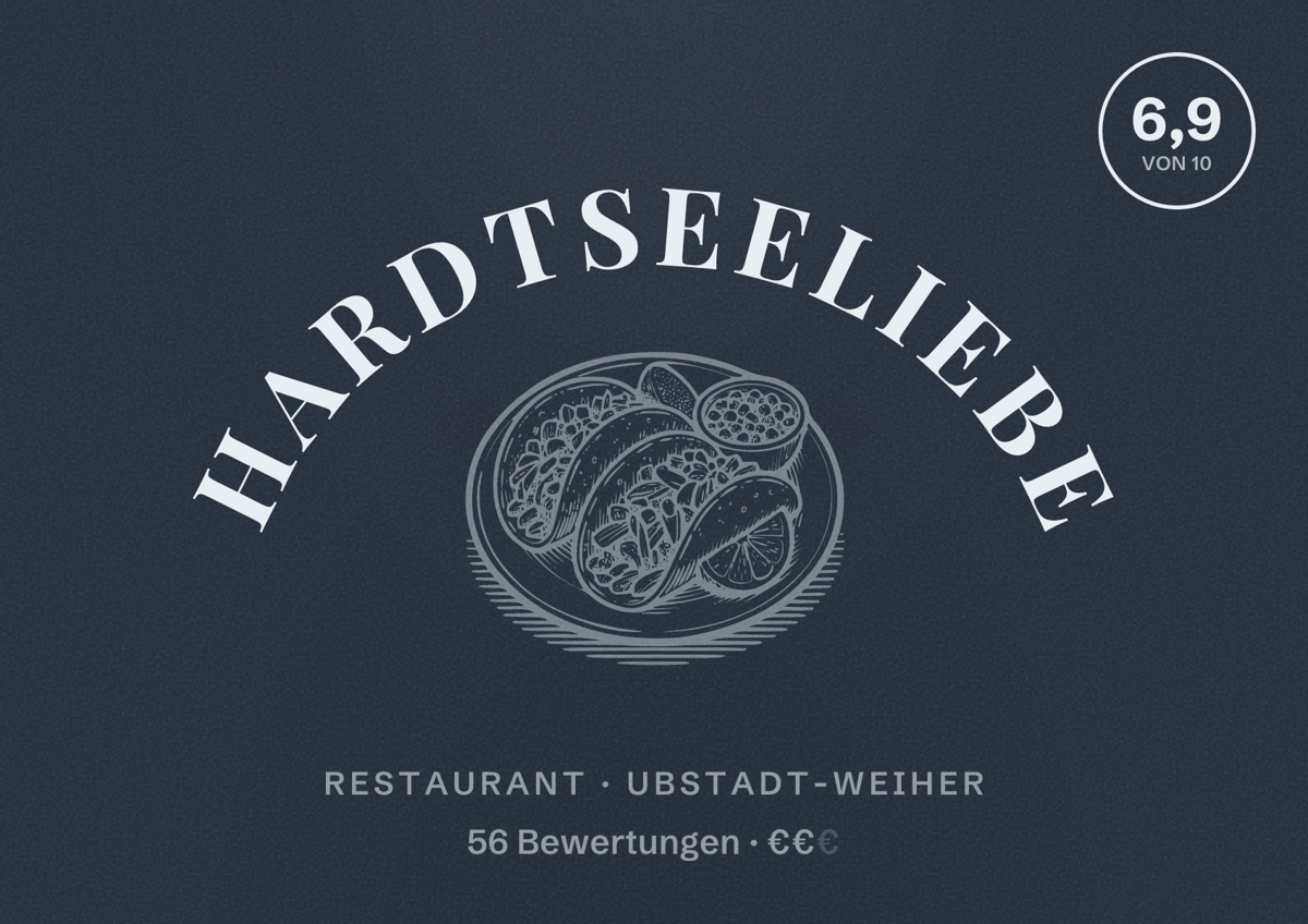 Illustriertes Poster von Hardtseeliebe, Restaurant in Ubstadt-Weiher: Bewertung 6,9 von 10 aus 56 Bewertungen, Preisniveau €€