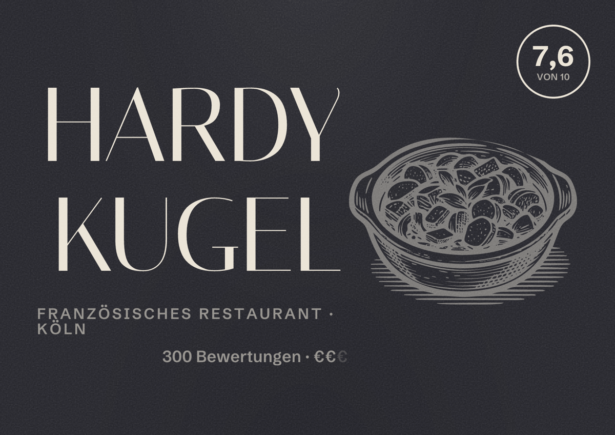 Illustriertes Poster von HARDY KUGEL, Französisches Restaurant in Köln: Bewertung 7,6 von 10 aus 300 Bewertungen, Preisniveau €€