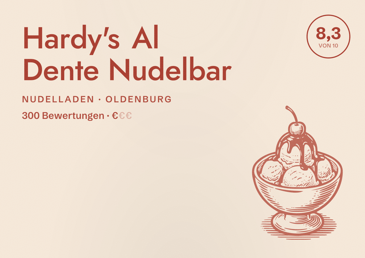 Illustriertes Poster von Hardy's Al Dente Nudelbar, Nudelladen in Oldenburg: Bewertung 8,3 von 10 aus 300 Bewertungen, Preisniveau €