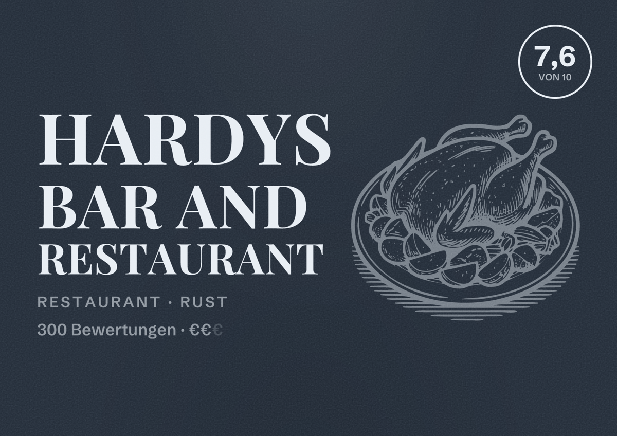 Illustriertes Poster von Hardys Bar and Restaurant, Restaurant in Rust: Bewertung 7,6 von 10 aus 300 Bewertungen, Preisniveau €€