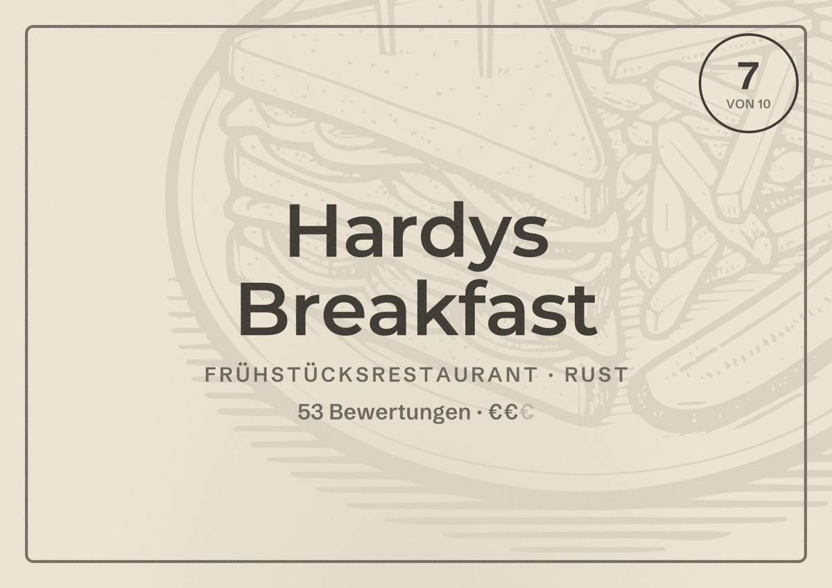 Illustriertes Poster von Hardys Breakfast, Frühstücksrestaurant in Rust: Bewertung 7 von 10 aus 53 Bewertungen, Preisniveau €€