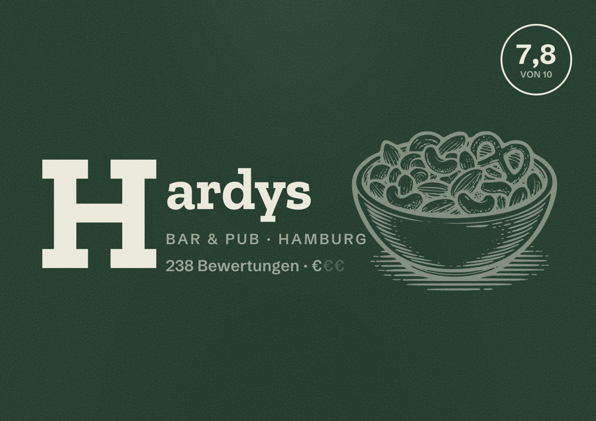 Illustriertes Poster von Hardys, Bar & Pub in Hamburg: Bewertung 7,8 von 10 aus 238 Bewertungen, Preisniveau €
