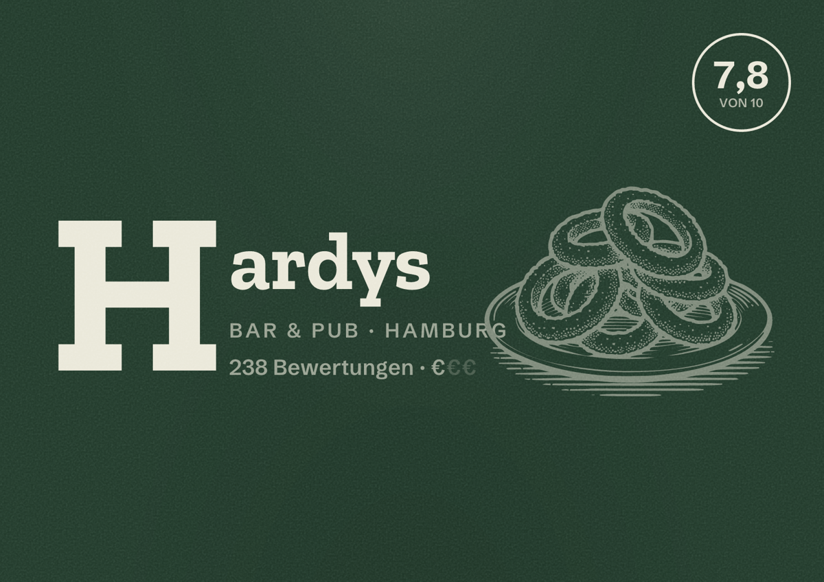Illustriertes Poster von Hardys, Bar & Pub in Hamburg: Bewertung 7,8 von 10 aus 238 Bewertungen, Preisniveau €