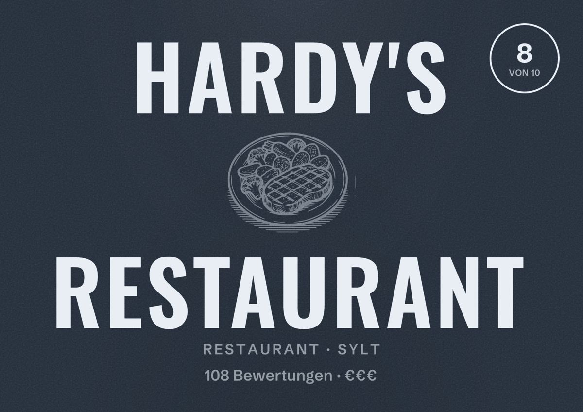 Illustriertes Poster von Hardy's Restaurant, Restaurant in Sylt: Bewertung 8 von 10 aus 108 Bewertungen, Preisniveau €€€