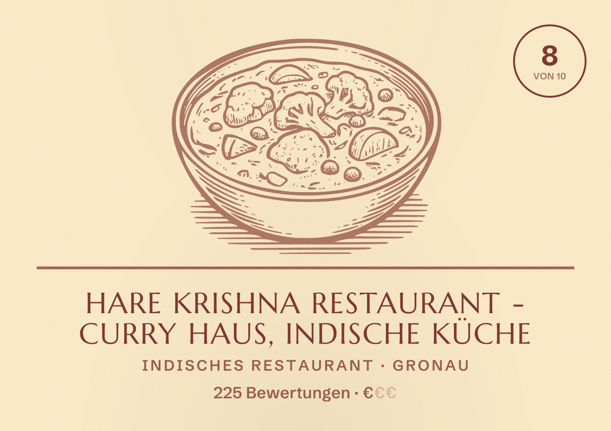 Illustriertes Poster von Hare Krishna Restaurant - Curry Haus, Indische Küche, Indisches Restaurant in Gronau: Bewertung 8 von 10 aus 225 Bewertungen, Preisniveau €