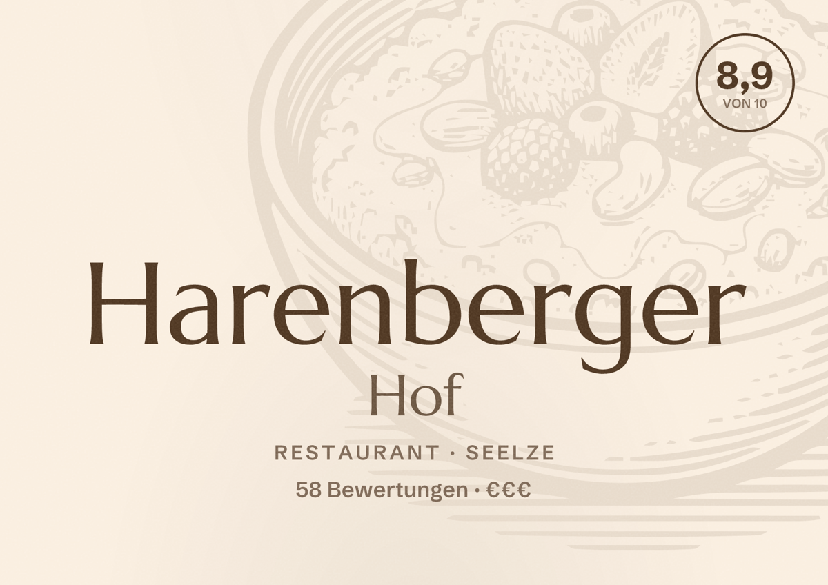 Illustriertes Poster von Harenberger Hof, Restaurant in Seelze: Bewertung 8,9 von 10 aus 58 Bewertungen, Preisniveau €€€