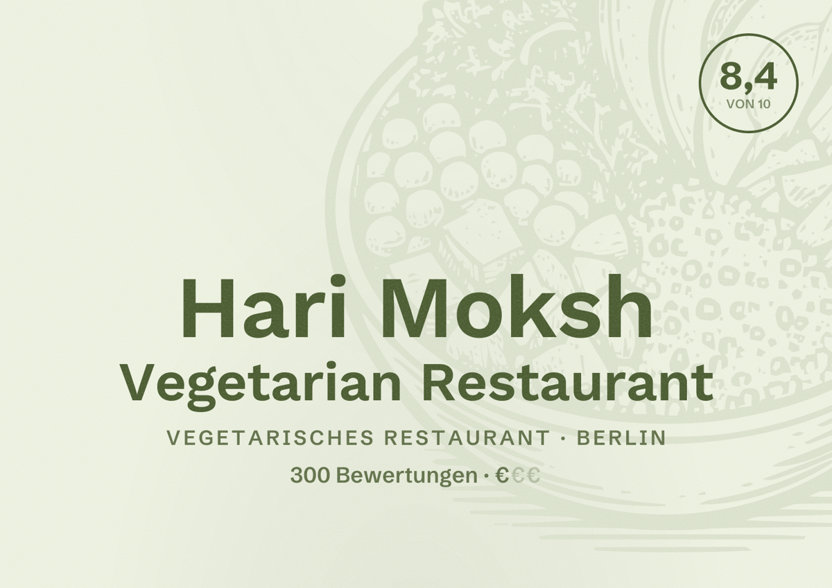 Illustriertes Poster von Hari Moksh Vegetarian Restaurant, Vegetarisches Restaurant in Berlin: Bewertung 8,4 von 10 aus 300 Bewertungen, Preisniveau €