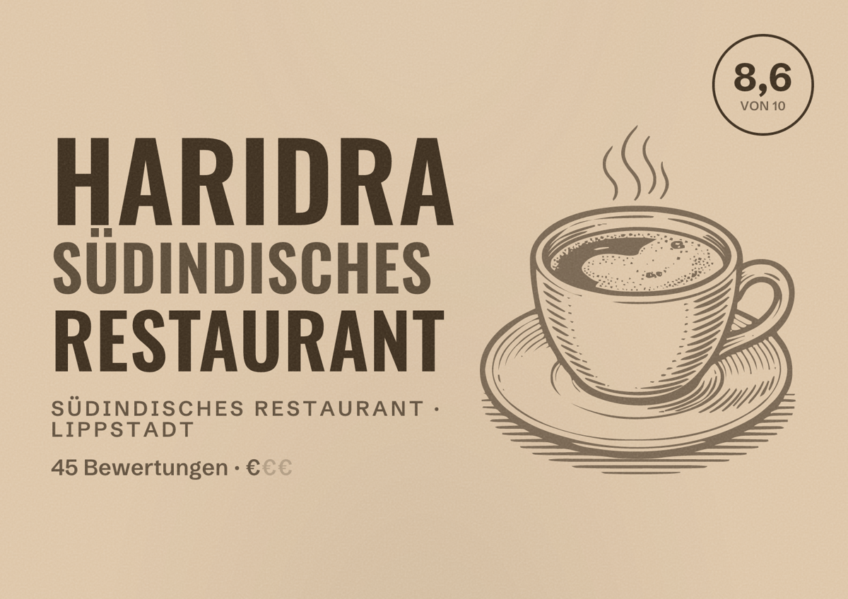 Illustriertes Poster von Haridra Südindisches Restaurant, Südindisches Restaurant in Lippstadt: Bewertung 8,6 von 10 aus 45 Bewertungen, Preisniveau €