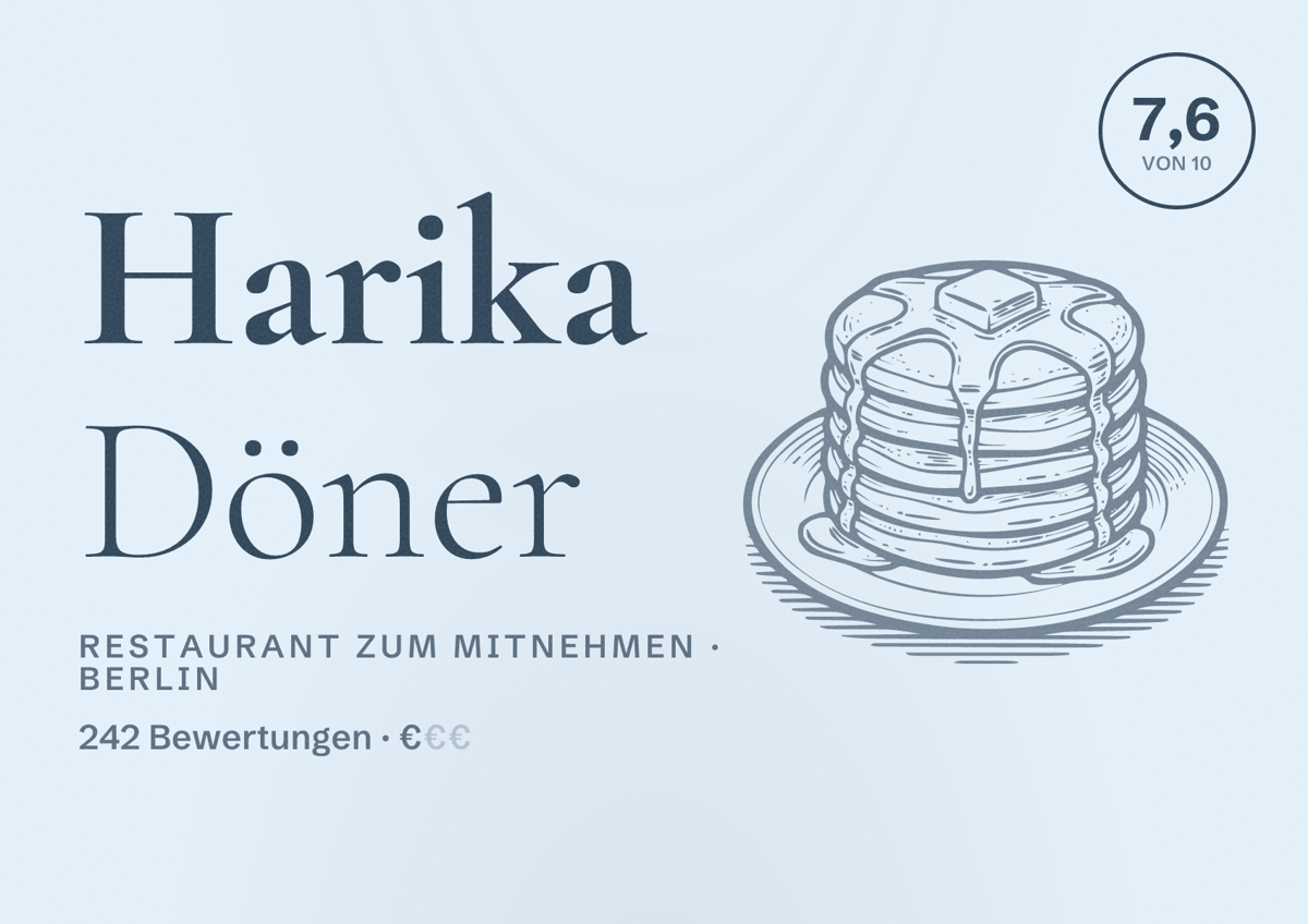 Illustriertes Poster von Harika Döner, Restaurant zum Mitnehmen in Berlin: Bewertung 7,6 von 10 aus 242 Bewertungen, Preisniveau €