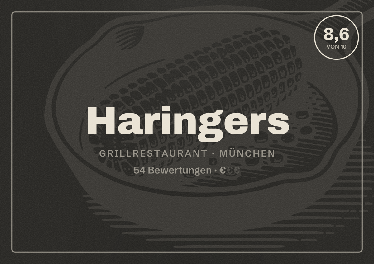 Illustriertes Poster von Haringers, Grillrestaurant in München: Bewertung 8,6 von 10 aus 54 Bewertungen, Preisniveau €