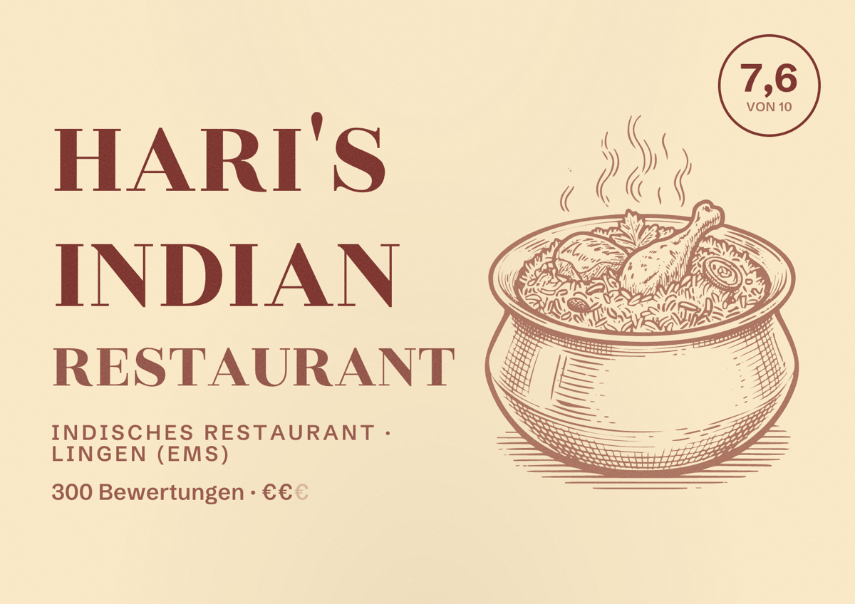 Illustriertes Poster von Hari's Indian Restaurant, Indisches Restaurant in Lingen (Ems): Bewertung 7,6 von 10 aus 300 Bewertungen, Preisniveau €€
