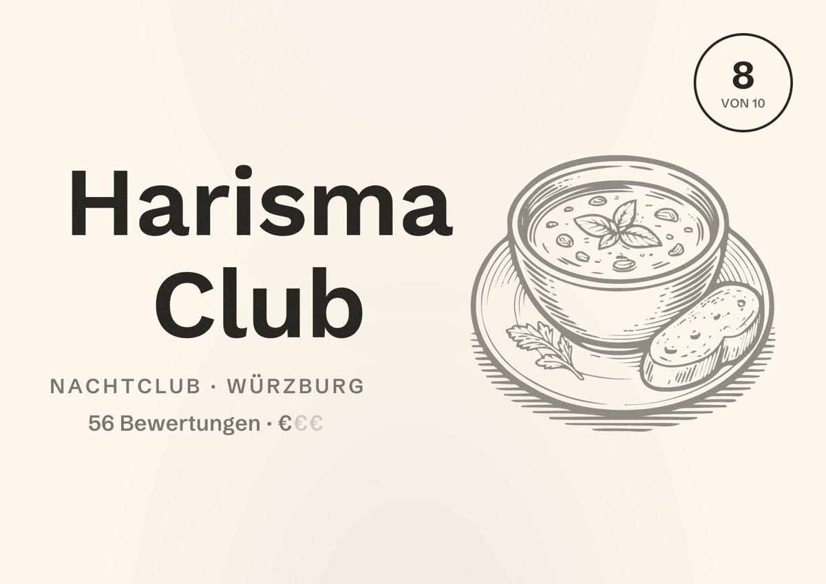 Illustriertes Poster von Harisma Club, Nachtclub in Würzburg: Bewertung 8 von 10 aus 56 Bewertungen, Preisniveau €