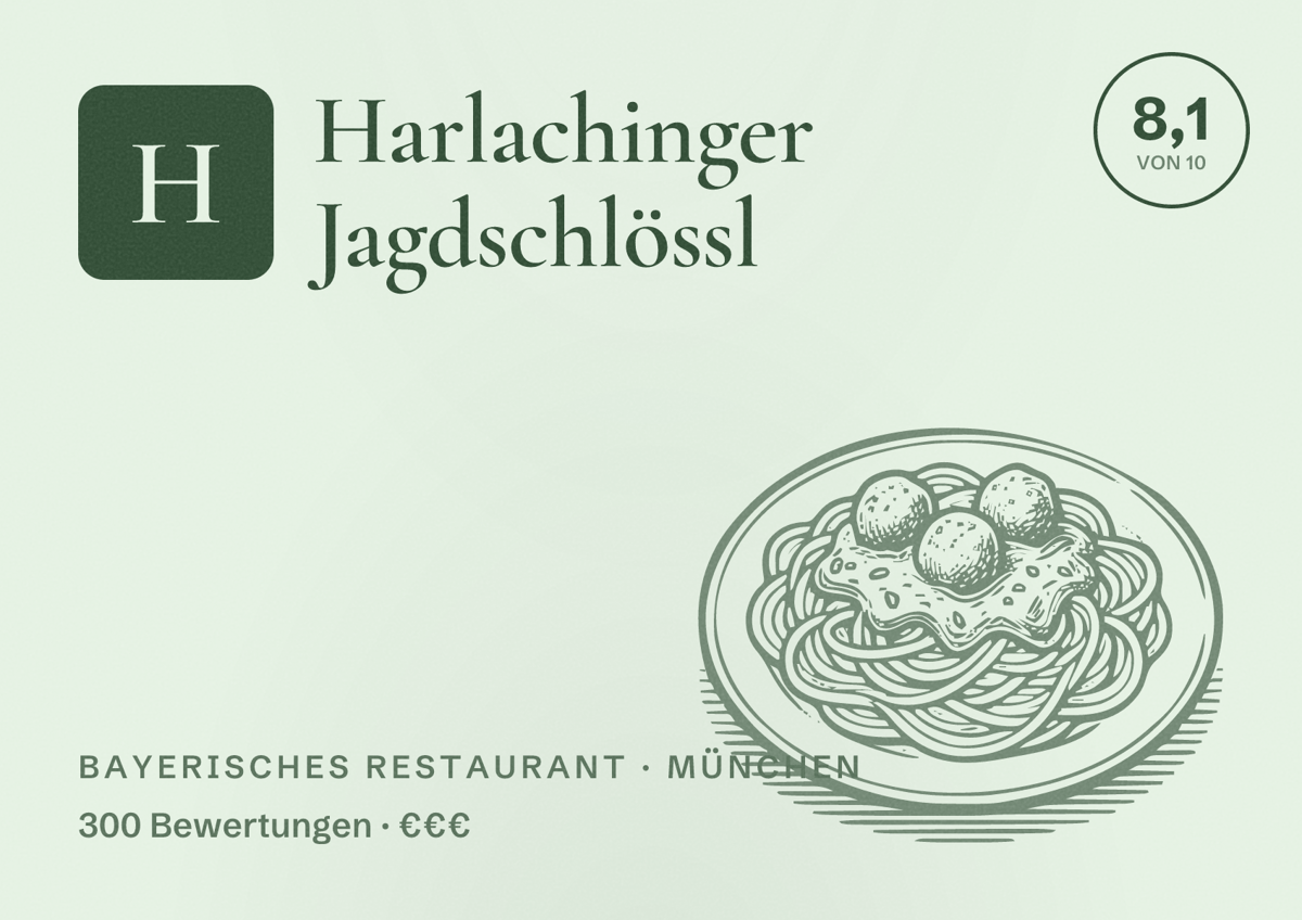 Illustriertes Poster von Harlachinger Jagdschlössl, Bayerisches Restaurant in München: Bewertung 8,1 von 10 aus 300 Bewertungen, Preisniveau €€€