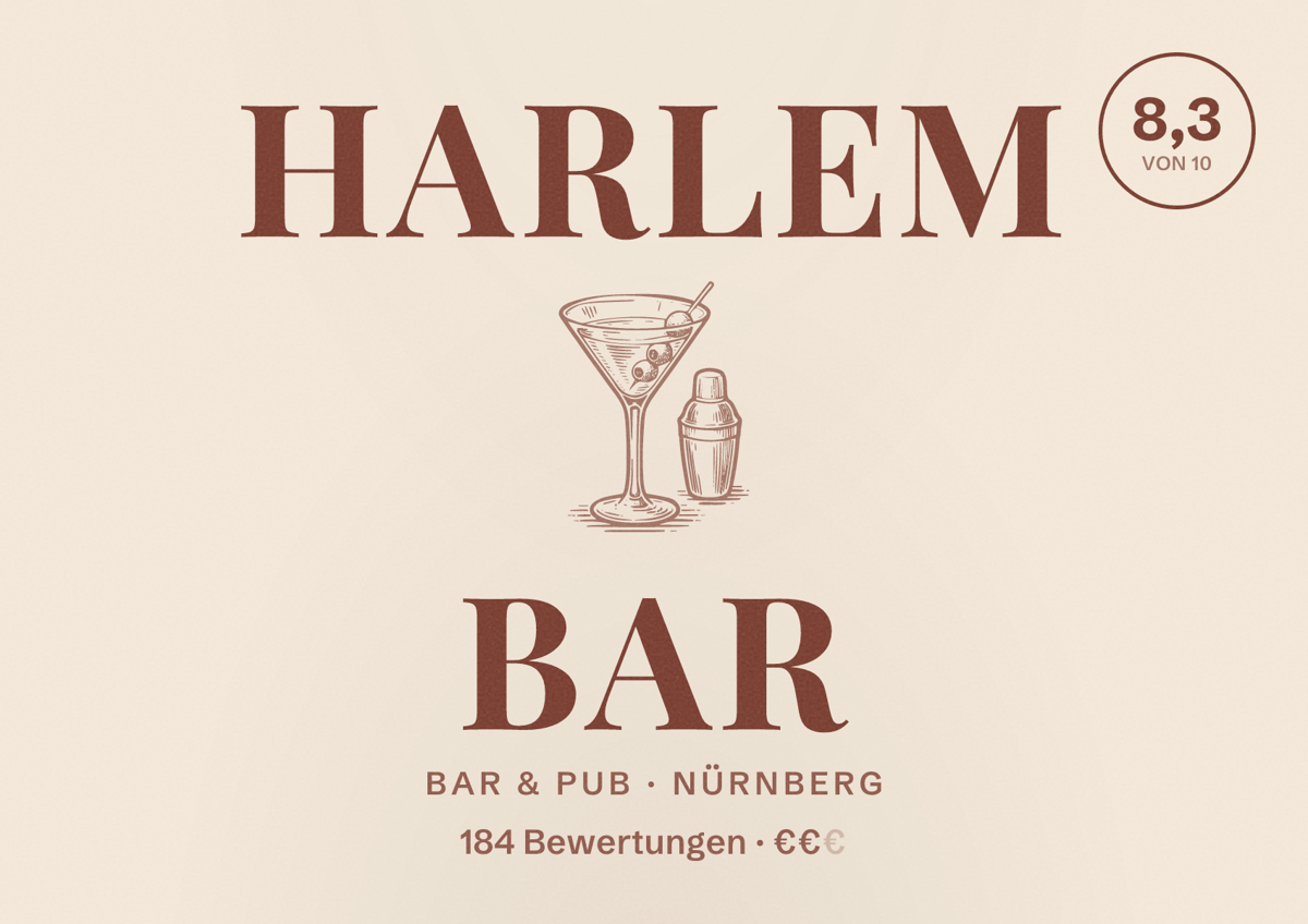 Illustriertes Poster von Harlem Bar, Bar & Pub in Nürnberg: Bewertung 8,3 von 10 aus 184 Bewertungen, Preisniveau €€