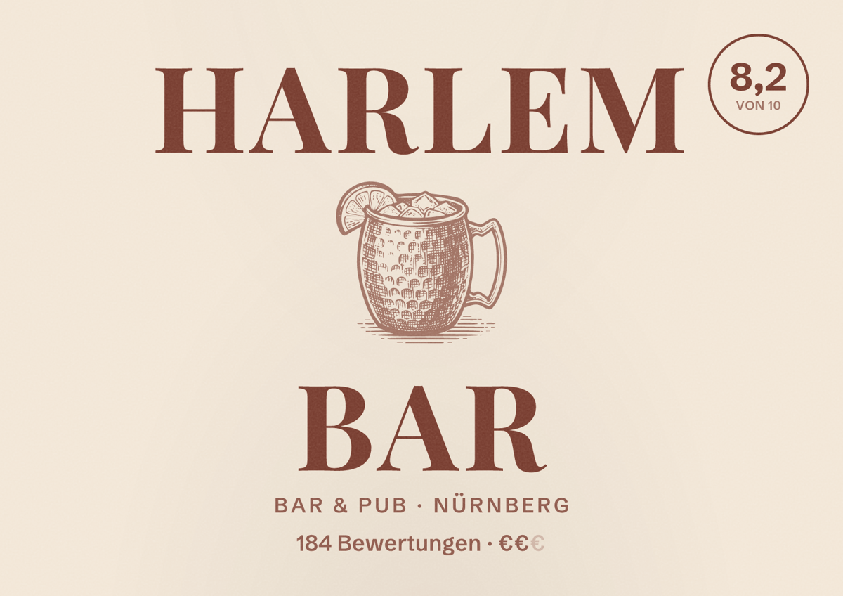 Illustriertes Poster von Harlem Bar, Bar & Pub in Nürnberg: Bewertung 8,2 von 10 aus 184 Bewertungen, Preisniveau €€