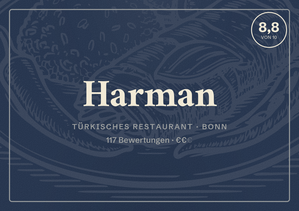 Illustriertes Poster von Harman, Türkisches Restaurant in Bonn: Bewertung 8,8 von 10 aus 117 Bewertungen, Preisniveau €€
