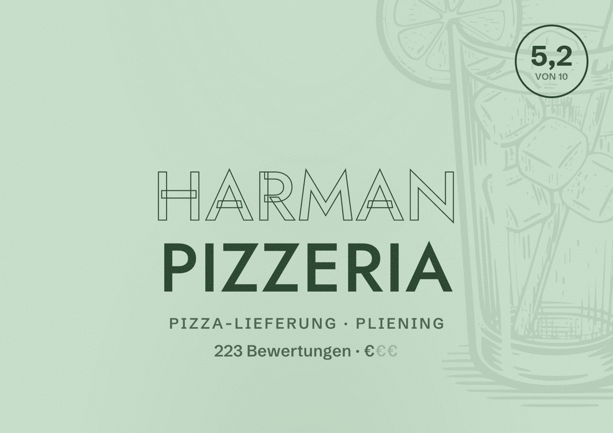 Illustriertes Poster von Harman Pizzeria, Pizza-Lieferung in Pliening: Bewertung 5,2 von 10 aus 223 Bewertungen, Preisniveau €