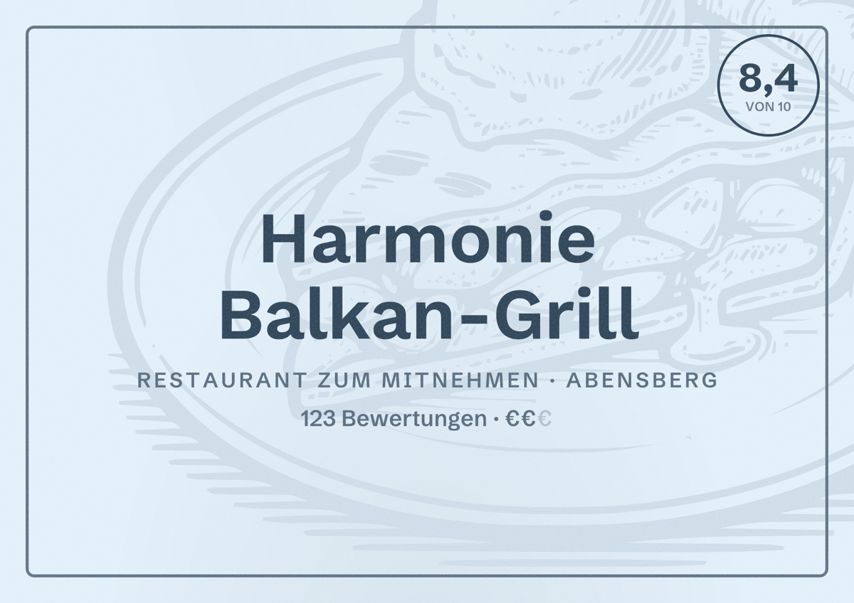Illustriertes Poster von Harmonie Balkan-Grill, Restaurant zum Mitnehmen in Abensberg: Bewertung 8,4 von 10 aus 123 Bewertungen, Preisniveau €€