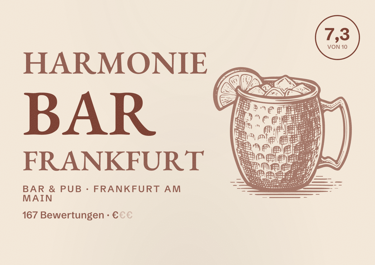 Illustriertes Poster von Harmonie Bar Frankfurt, Bar & Pub in Frankfurt am Main: Bewertung 7,3 von 10 aus 167 Bewertungen, Preisniveau €
