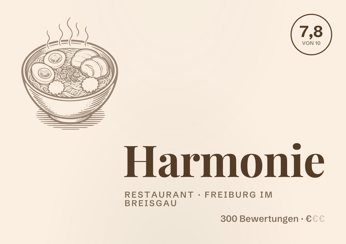 Illustriertes Poster von Harmonie, Restaurant in Freiburg im Breisgau: Bewertung 7,8 von 10 aus 300 Bewertungen, Preisniveau €