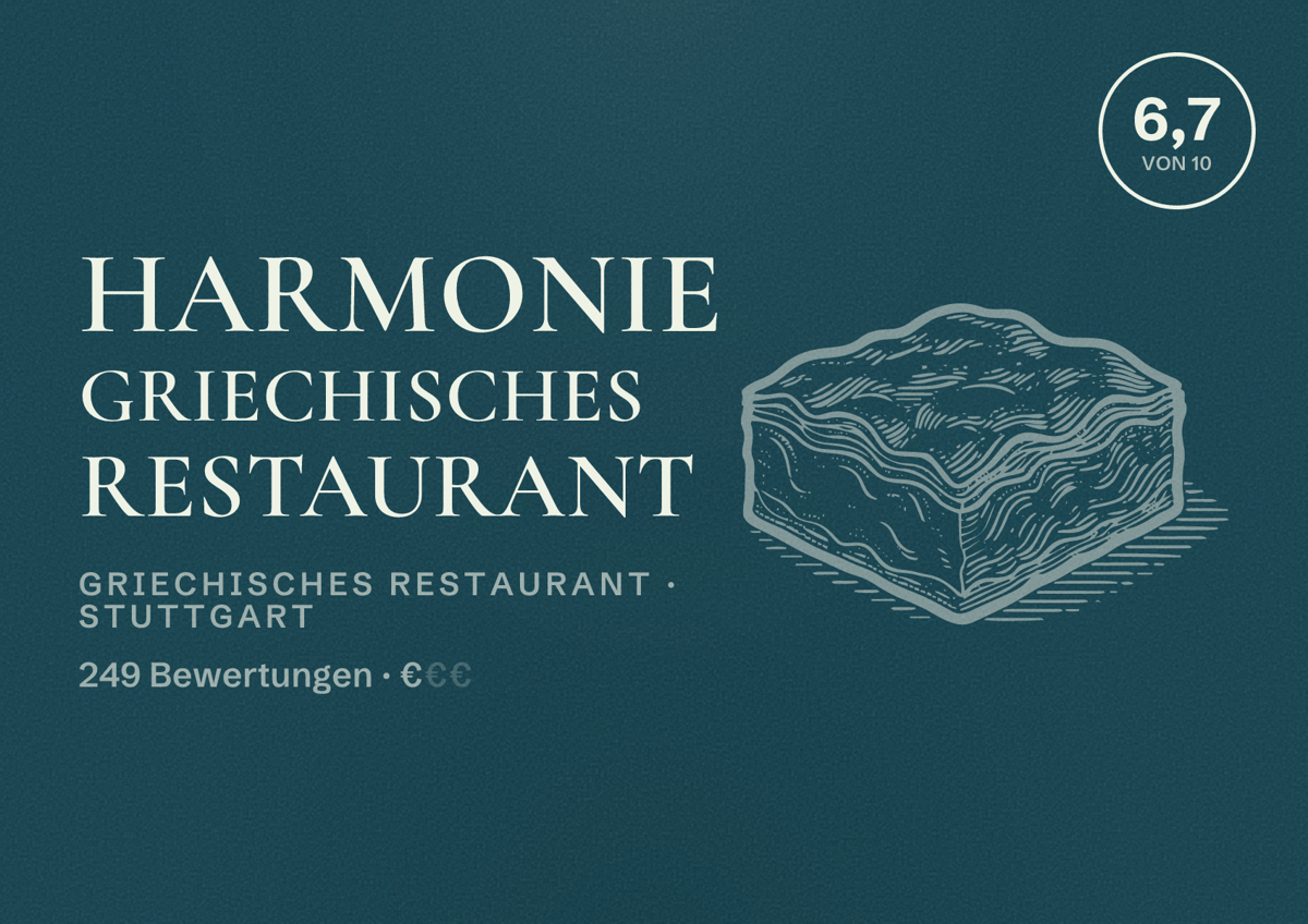 Illustriertes Poster von Harmonie Griechisches Restaurant, Griechisches Restaurant in Stuttgart: Bewertung 6,7 von 10 aus 249 Bewertungen, Preisniveau €
