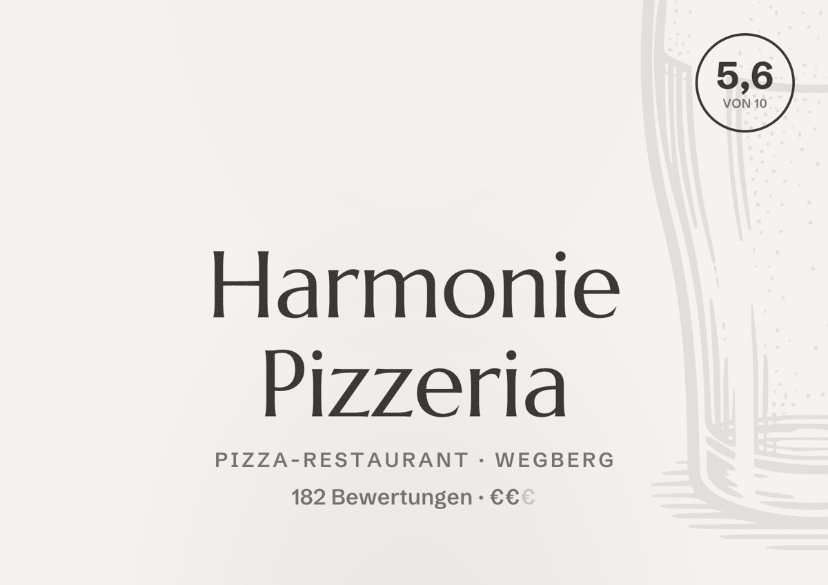 Illustriertes Poster von Harmonie Pizzeria, Pizza-Restaurant in Wegberg: Bewertung 5,6 von 10 aus 182 Bewertungen, Preisniveau €€