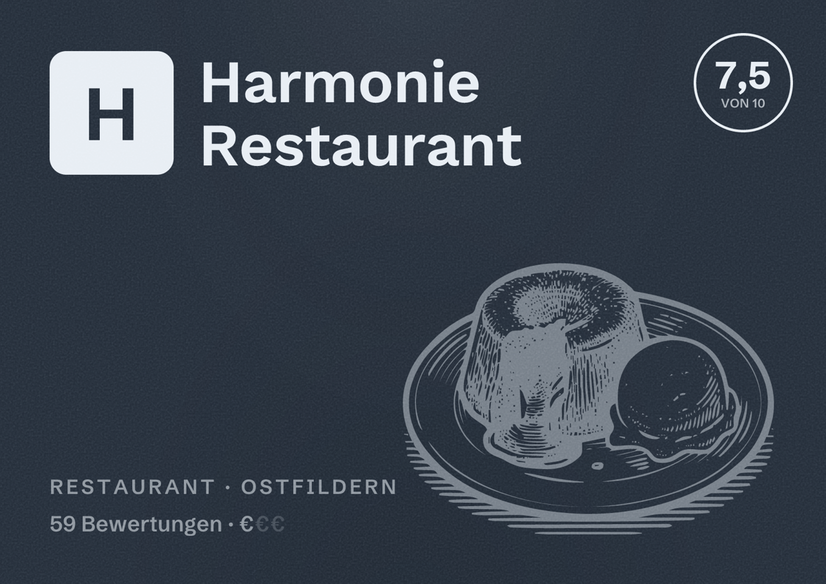 Illustriertes Poster von Harmonie Restaurant, Restaurant in Ostfildern: Bewertung 7,5 von 10 aus 59 Bewertungen, Preisniveau €