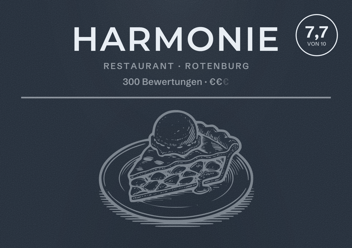 Illustriertes Poster von Harmonie, Restaurant in Rotenburg: Bewertung 7,7 von 10 aus 300 Bewertungen, Preisniveau €€