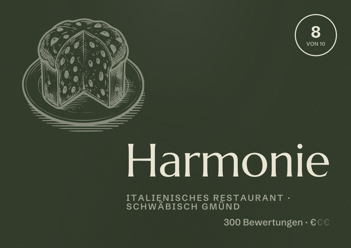 Illustriertes Poster von Harmonie, Italienisches Restaurant in Schwäbisch Gmünd: Bewertung 8 von 10 aus 300 Bewertungen, Preisniveau €