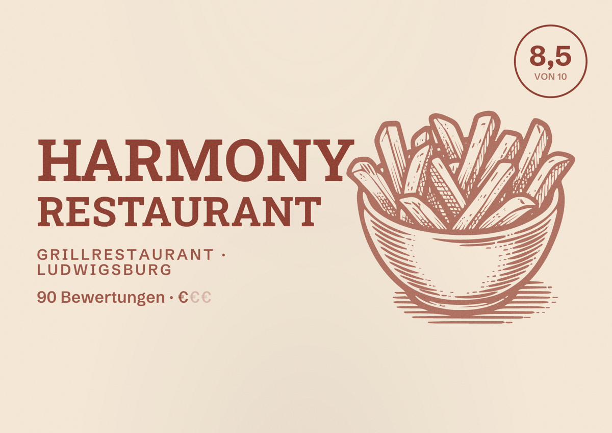Illustriertes Poster von Harmony Restaurant, Grillrestaurant in Ludwigsburg: Bewertung 8,5 von 10 aus 90 Bewertungen, Preisniveau €