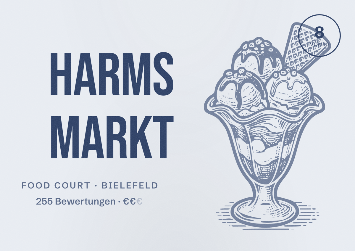Illustriertes Poster von Harms Markt, Food Court in Bielefeld: Bewertung 8 von 10 aus 255 Bewertungen, Preisniveau €€