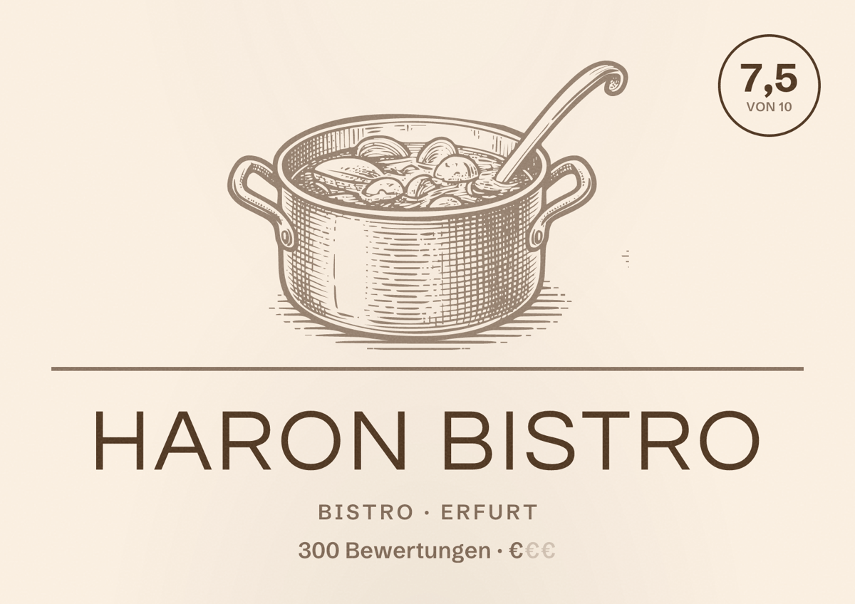 Illustriertes Poster von Haron Bistro, Bistro in Erfurt: Bewertung 7,5 von 10 aus 300 Bewertungen, Preisniveau €