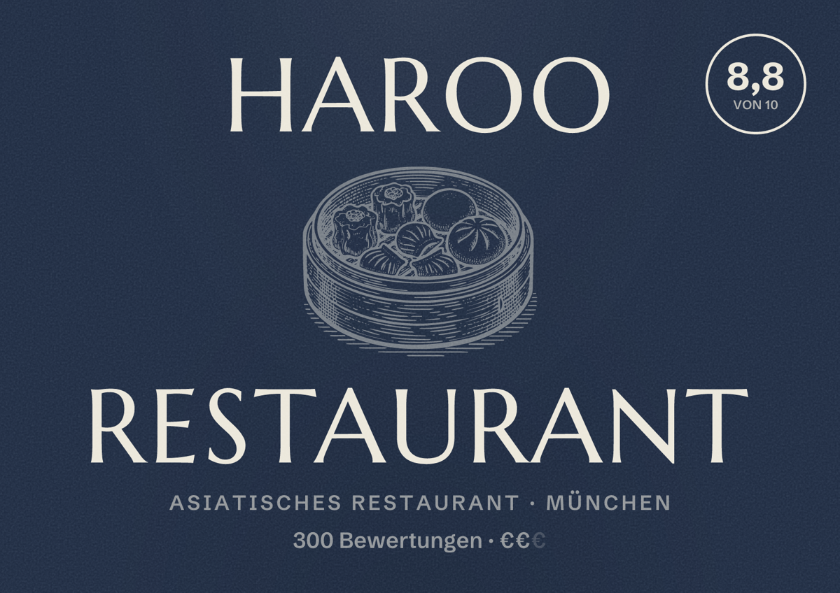 Illustriertes Poster von Haroo Restaurant, Asiatisches Restaurant in München: Bewertung 8,8 von 10 aus 300 Bewertungen, Preisniveau €€