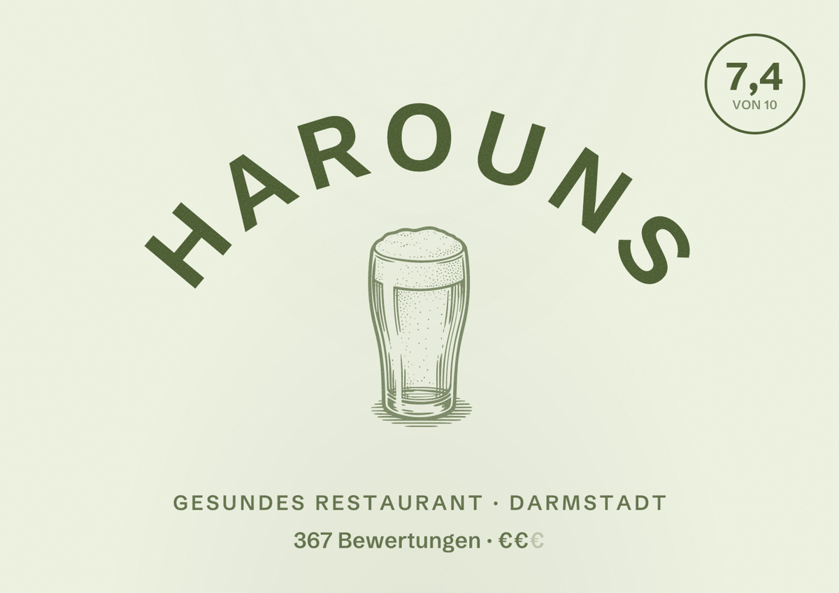 Illustriertes Poster von Harouns, Gesundes Restaurant in Darmstadt: Bewertung 7,4 von 10 aus 367 Bewertungen, Preisniveau €€