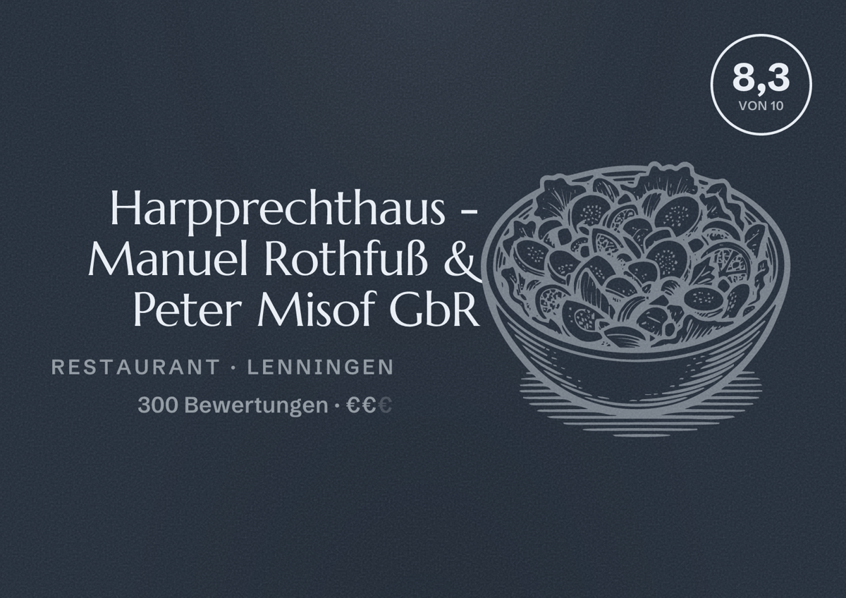 Illustriertes Poster von Harpprechthaus - Manuel Rothfuß & Peter Misof GbR, Restaurant in Lenningen: Bewertung 8,3 von 10 aus 300 Bewertungen, Preisniveau €€