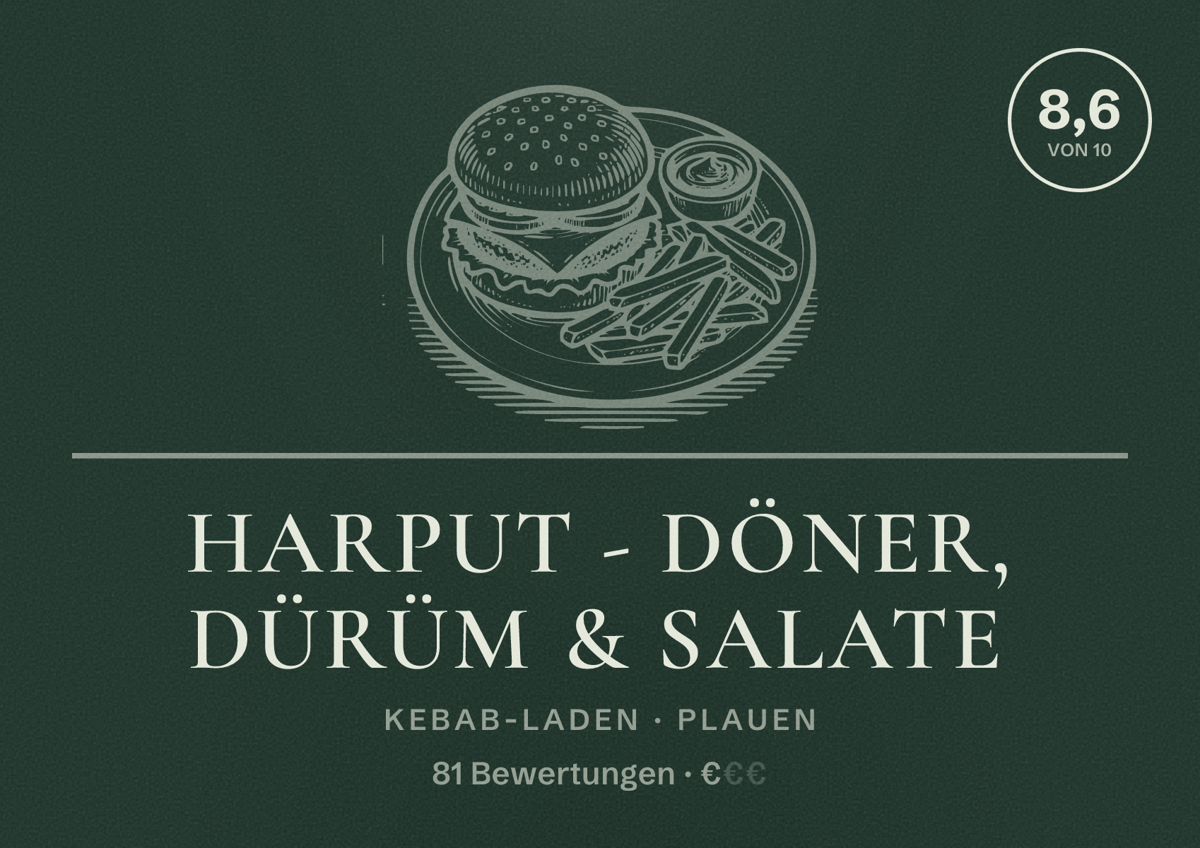 Illustriertes Poster von Harput - Döner, Dürüm & Salate, Kebab-Laden in Plauen: Bewertung 8,6 von 10 aus 81 Bewertungen, Preisniveau €