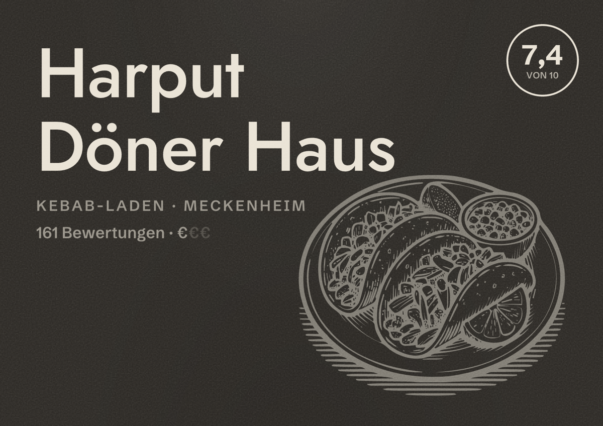 Illustriertes Poster von Harput Döner Haus, Kebab-Laden in Meckenheim: Bewertung 7,4 von 10 aus 161 Bewertungen, Preisniveau €