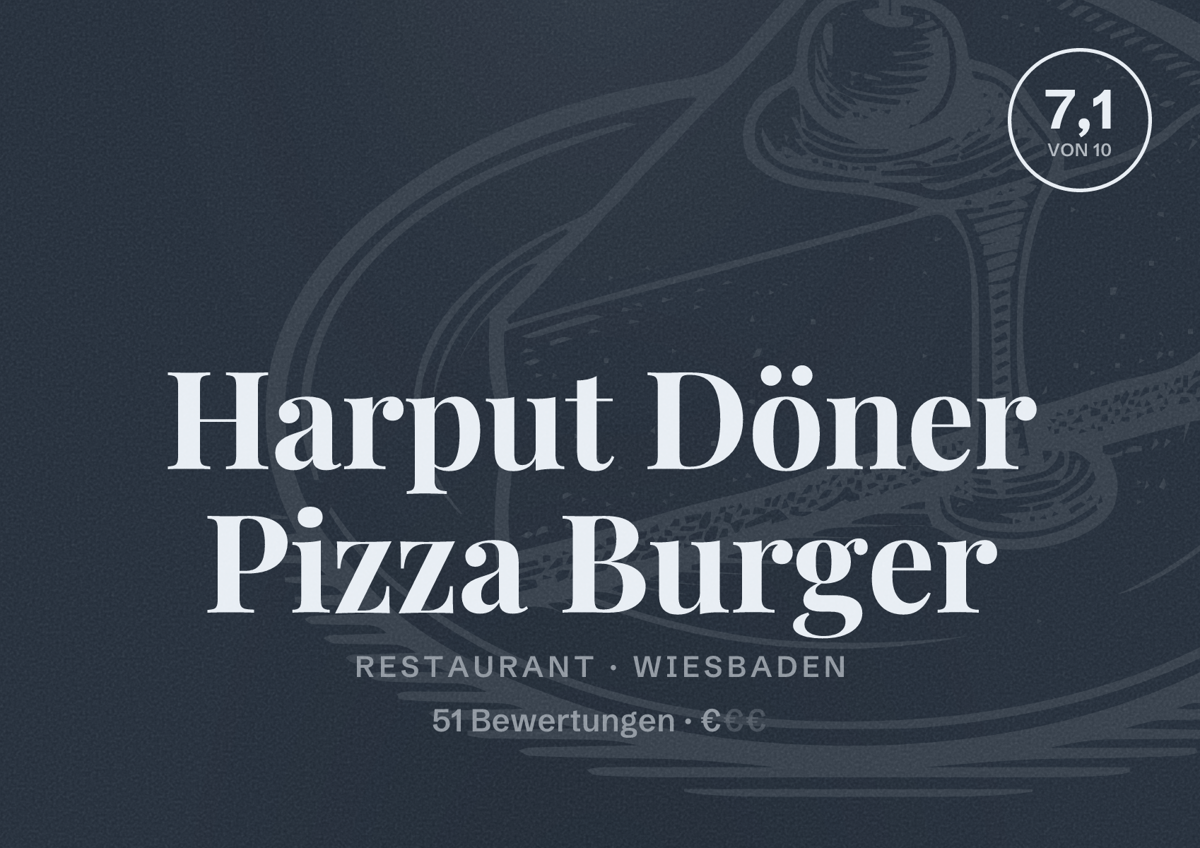 Illustriertes Poster von Harput Döner Pizza Burger, Restaurant in Wiesbaden: Bewertung 7,1 von 10 aus 51 Bewertungen, Preisniveau €