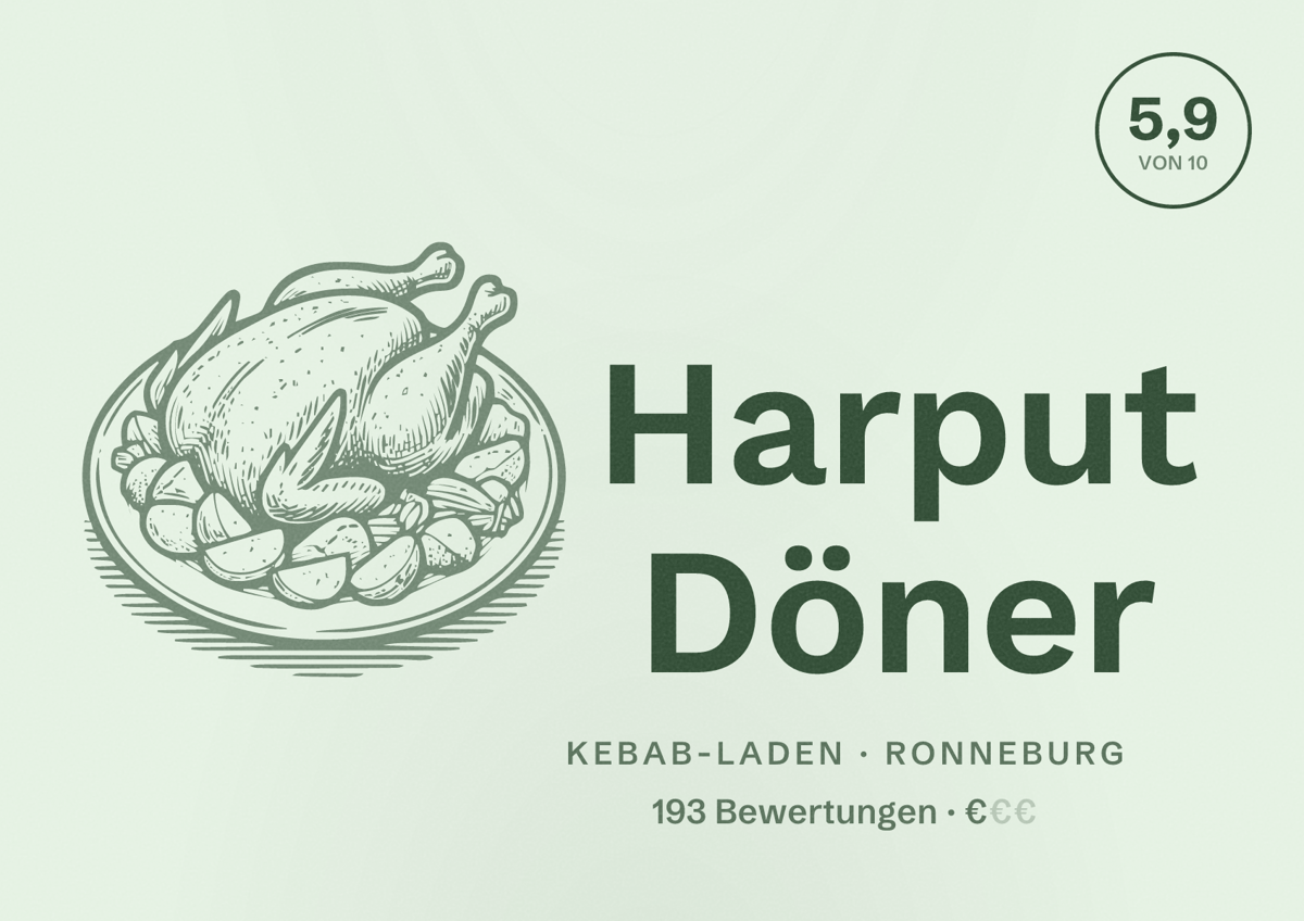 Illustriertes Poster von Harput Döner, Kebab-Laden in Ronneburg: Bewertung 5,9 von 10 aus 193 Bewertungen, Preisniveau €